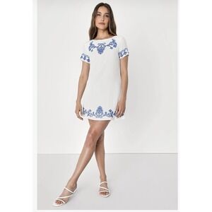 Lulus Tale to Tell Blue Embroidered White Shift Dress Women's Medium